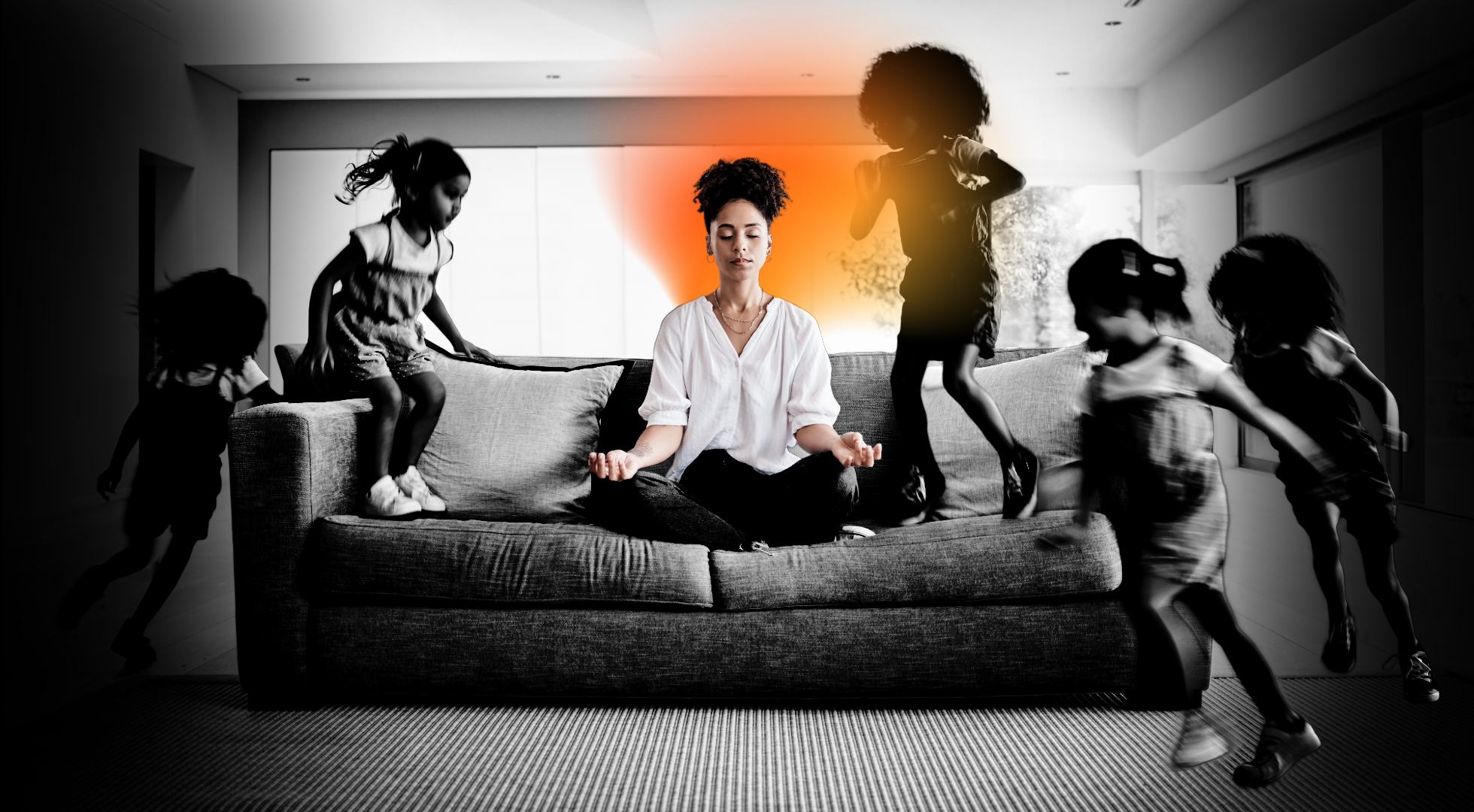 A calm parent meditating while children play around them